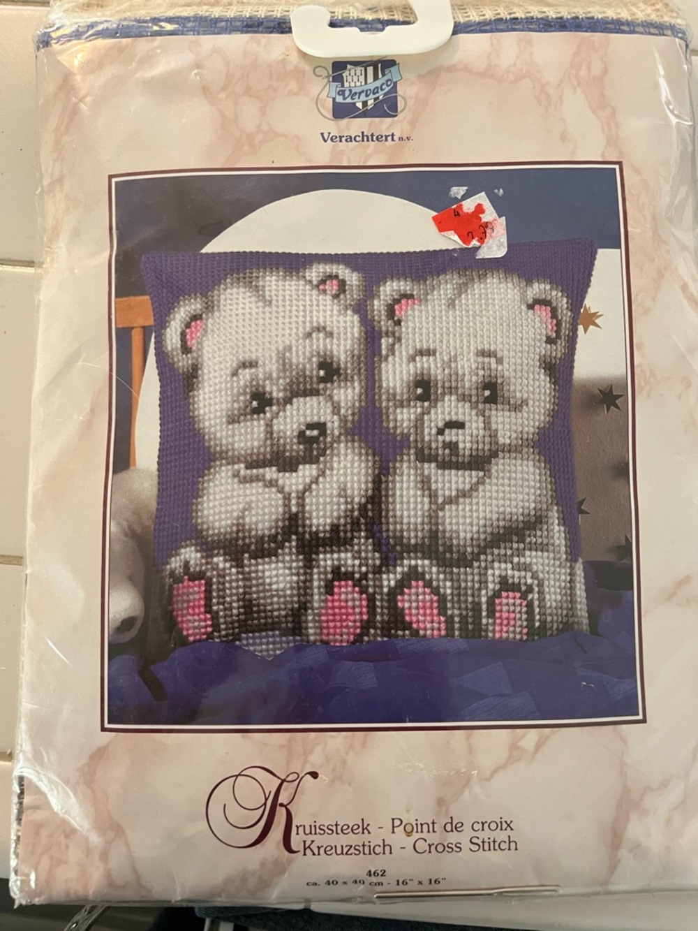 Vintage Vervaco Cross Stitch Pillow Kit Featuring Two Teddy Bears - Verachtert